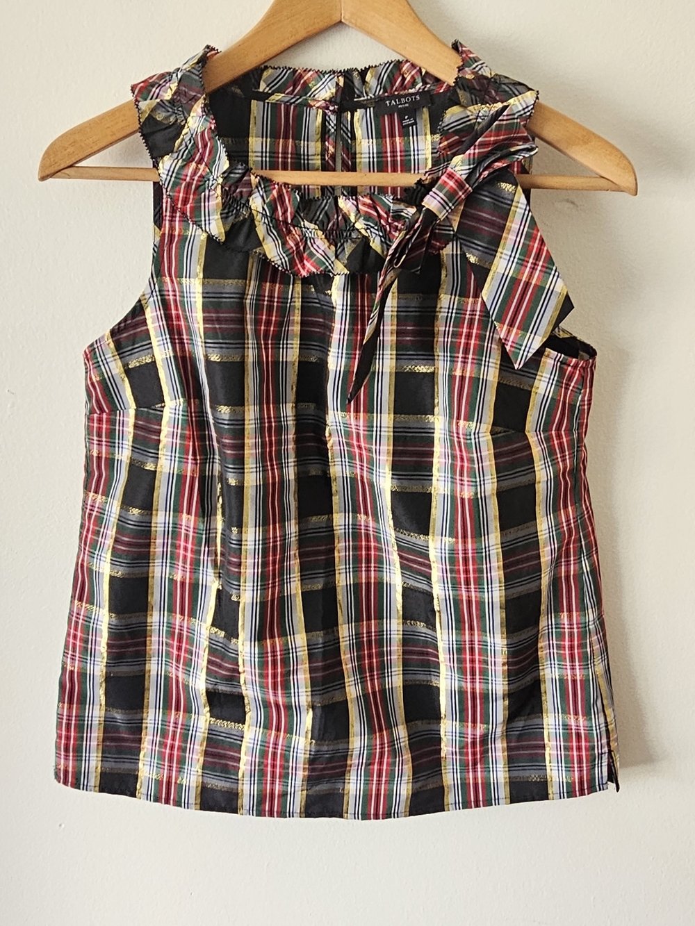 Talbots Black Plaid Ruffle Tie-Neck Sleeveless Top